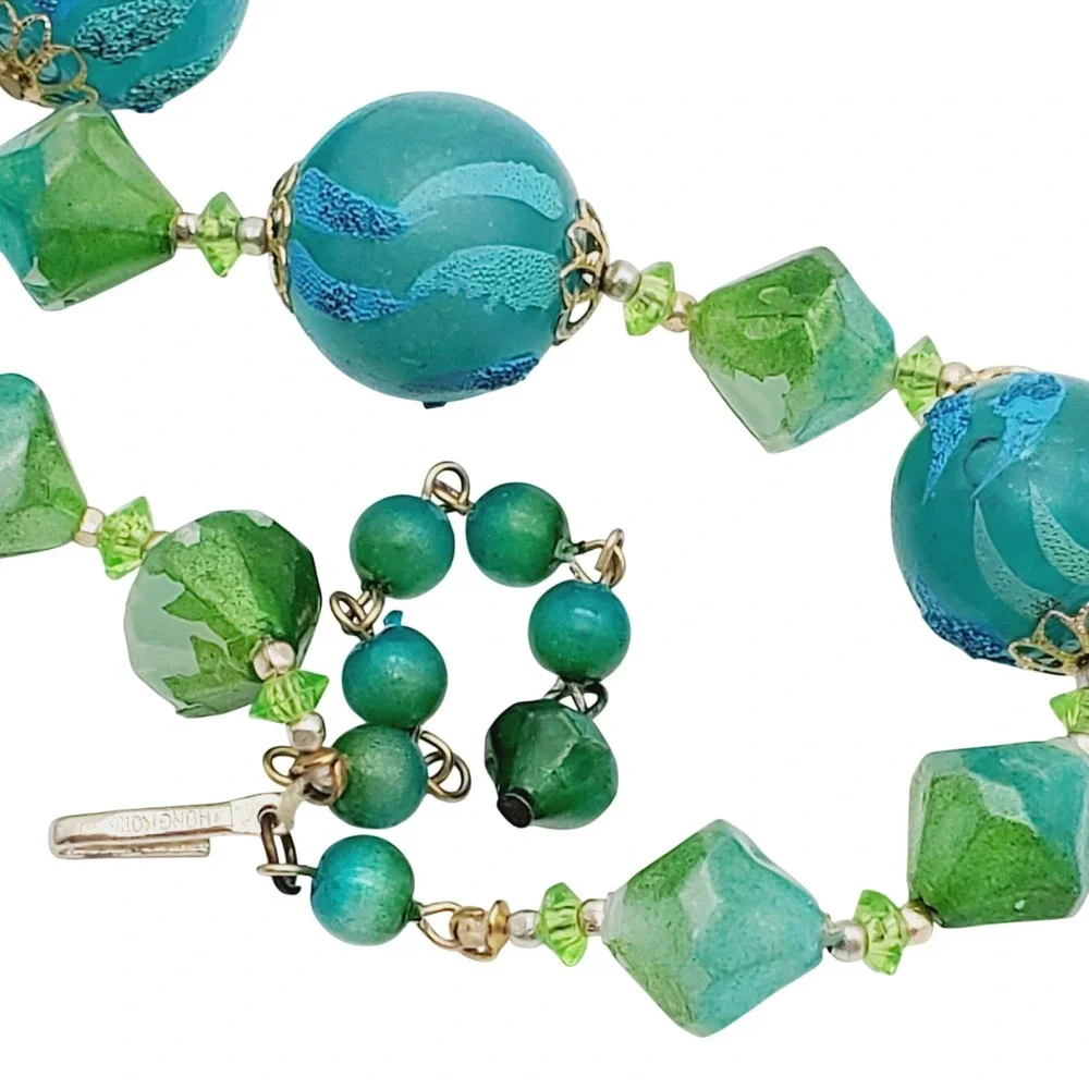 Hong Kong Necklace Clip Earrings Blue Green Flocked Beaded Acrylic Lucite Summer